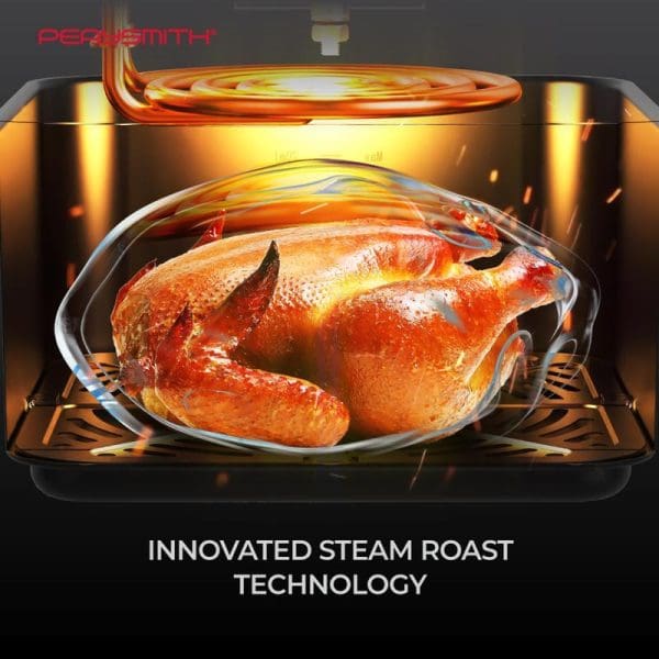 PerySmith PS1650 Digital 3D Air Fryer showing innovated steam roast technology with golden roasted chicken inside glass cooking chamber with heating elements.