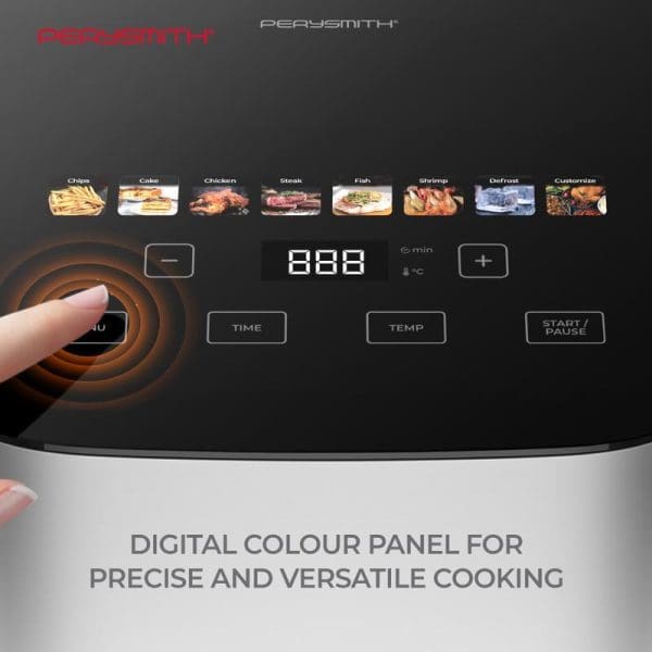 PerySmith PS1650 Digital 3D Air Fryer with touchscreen control panel showing cooking presets, temperature display, and digital color interface for precise versatile cooking.