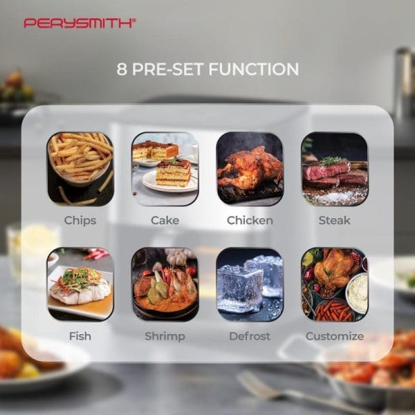 PerySmith PS1650 Digital 3D Air Fryer showing 8 pre-set cooking functions: chips, cake, chicken, steak, fish, shrimp, defrost, and customize with food icons display.