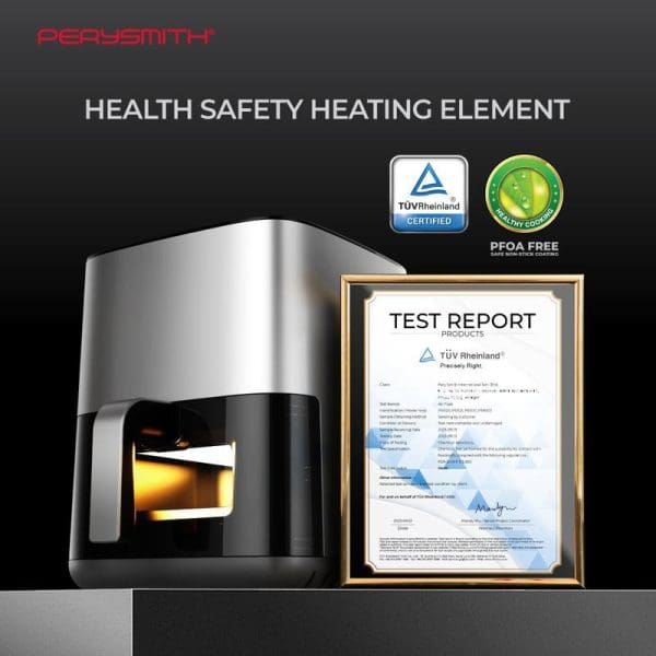 PerySmith PS1650 Digital 3D Air Fryer with health safety heating element, TÜV Rheinland certified, PFOA-free coating, and test report certificate displayed.