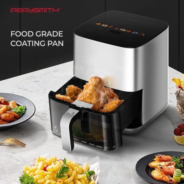 PerySmith PS1650 Digital 3D Air Fryer with food grade coating pan, showing fried chicken in basket and various cooked dishes on plates around it.