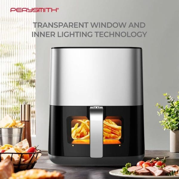 PerySmith PS1650 Digital 3D Air Fryer with transparent window and inner lighting technology, showing golden fries cooking inside, surrounded by fresh ingredients on kitchen counter.