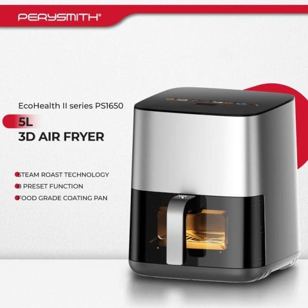 PerySmith PS1650 EcoHealth II Series 5L Digital 3D Air Fryer with steam roast technology, preset functions, and food grade coating pan in silver finish.