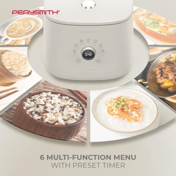 PerySmith RC900 white rice cooker with digital display showing 6 multi-function cooking options, surrounded by images of various prepared dishes including rice, soup, and congee.