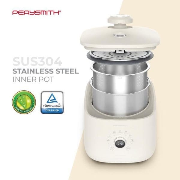 PerySmith RC900 rice cooker with exploded view showing SUS304 stainless steel inner pot, steaming tray, and white base unit with digital display.
