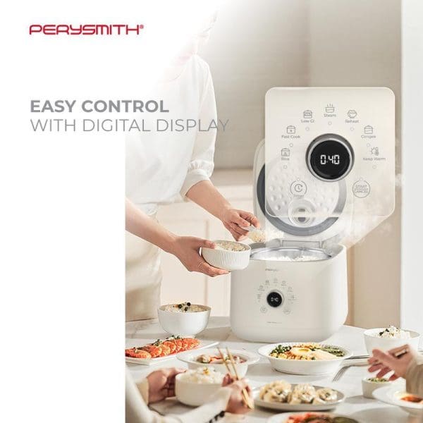 PerySmith RC900 white rice cooker with digital display showing 8:40, person serving rice, surrounded by various cooked dishes on white table