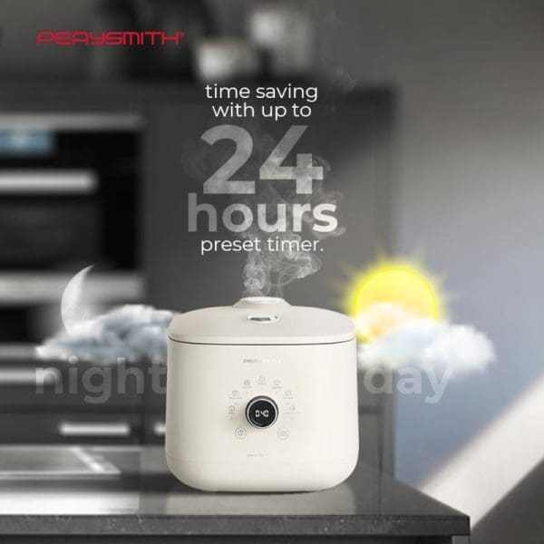 PerySmith RC900 white rice cooker with 24-hour preset timer feature, displayed on kitchen counter with steam effect and day/night graphics.