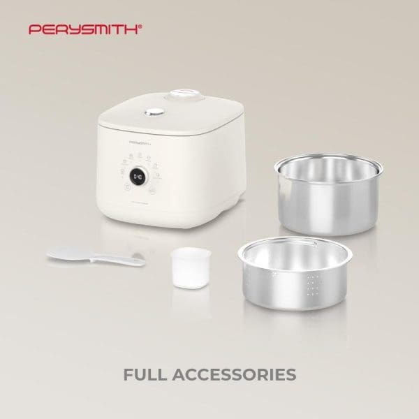 PerySmith RC900 white rice cooker with digital display, stainless steel inner pot, steaming basket, rice paddle, and measuring cup - full accessories included.