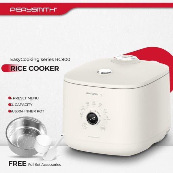 PerySmith EasyCooking Series RC900 Rice Cooker with preset menu, 1L capacity, US304 inner pot, digital display, and free stainless steel steamer accessories on white background.