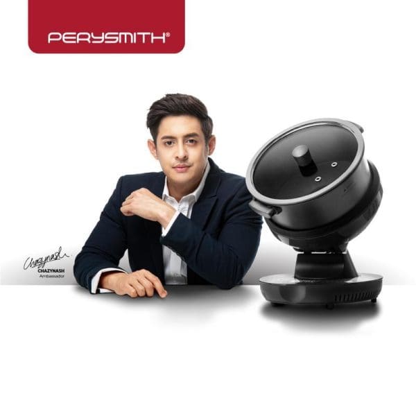 PerySmith Robot Chef AI Cooking Series AI20 with black pot and glass lid, featuring brand ambassador in business suit on white background.