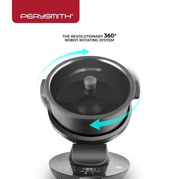 PerySmith Robot Chef AI20 with revolutionary 360° robot rotating system, featuring black cooking pot with lid on digital display base, turquoise rotation arrows indicating movement.