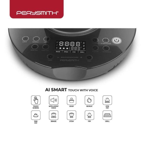 PerySmith Robot Chef AI20 smart cooker with digital display showing cooking functions including soup, reheat, stir fry, braise, stew, fry, and grill modes.