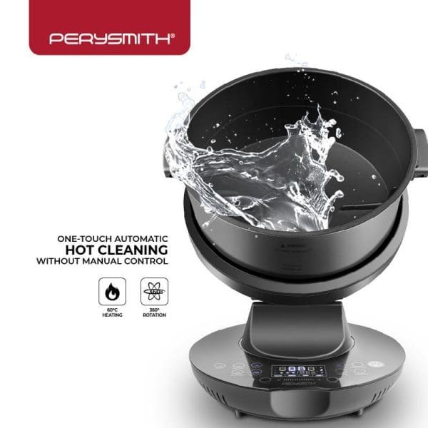 PerySmith Robot Chef AI20 automatic cooking pot with rotating bowl, hot cleaning feature, digital control panel, and water splash demonstration on white background.