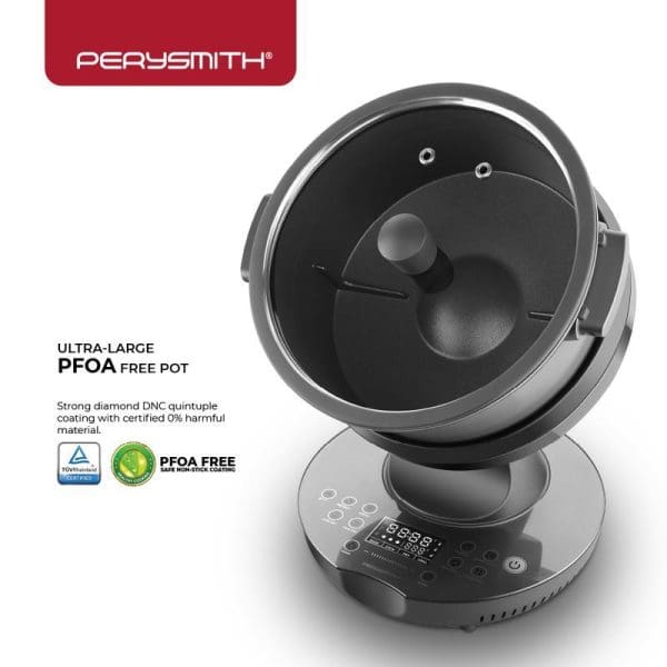 PerySmith Robot Chef AI20 ultra-large PFOA free pot with diamond DNC coating, digital display, and automated cooking controls on white background.