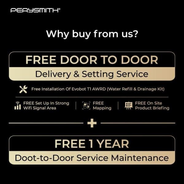 PerySmith promotional image highlighting free door-to-door delivery, installation, WiFi setup, mapping, product briefing, and one-year maintenance service for Evobot T1 robot vacuum.