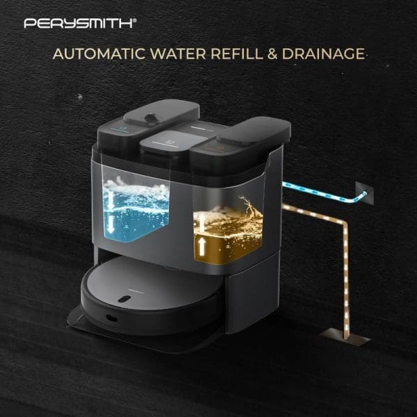 PerySmith Robot Vacuum Cleaner Ai Series Evobot T1 Plus with automatic water refill and drainage system, featuring transparent water tanks and charging dock.