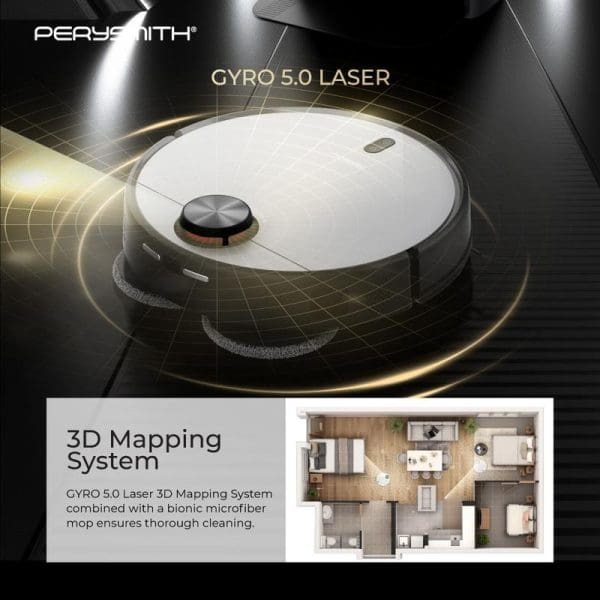 PerySmith Gyro 5.0 Laser Robot Vacuum Cleaner with white circular design, featuring 3D mapping system technology and floor plan visualization for thorough home cleaning.