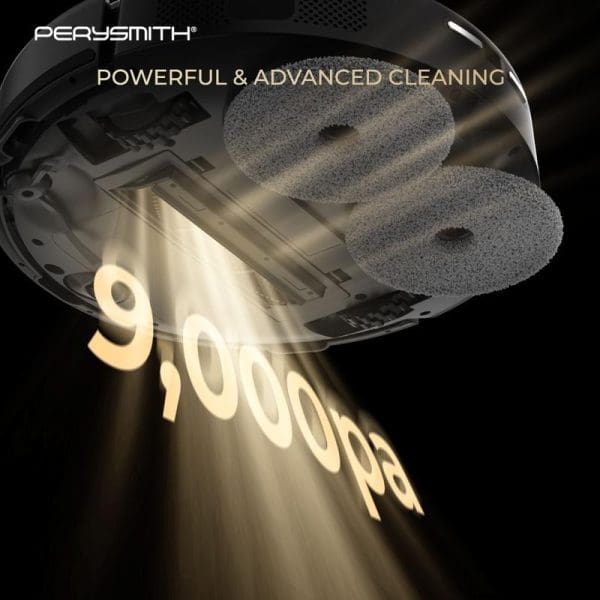 PerySmith Robot Vacuum Cleaner Ai Series Evobot T1 Plus with rotating cleaning pads and suction power demonstration showing 9000pa cleaning capability.