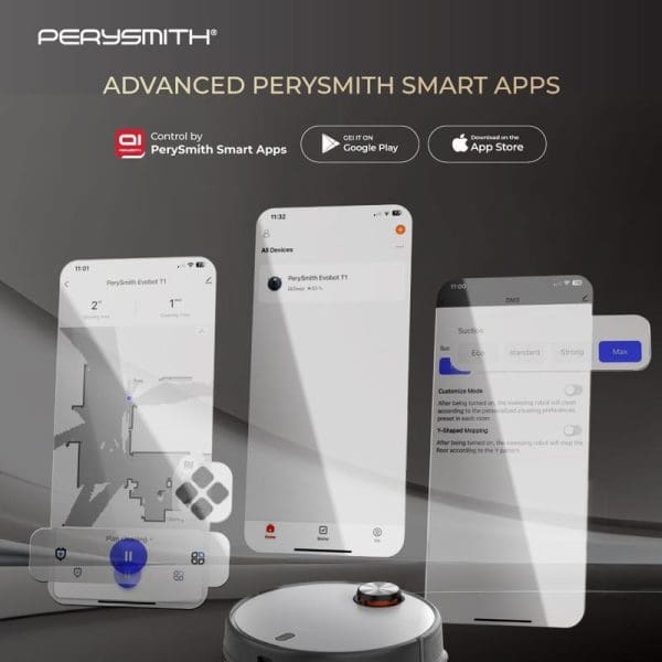 PerySmith Evobot T1 Plus robot vacuum cleaner with advanced smart app control interface showing mobile app screens for Google Play and App Store download.