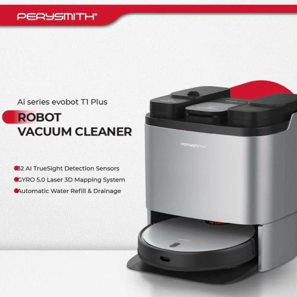 PerySmith AI Series Evobot T1 Plus Robot Vacuum Cleaner with self-emptying station, featuring TrueSight Detection Sensors, GYRO 5.0 Laser 3D Mapping, and automatic water refill.