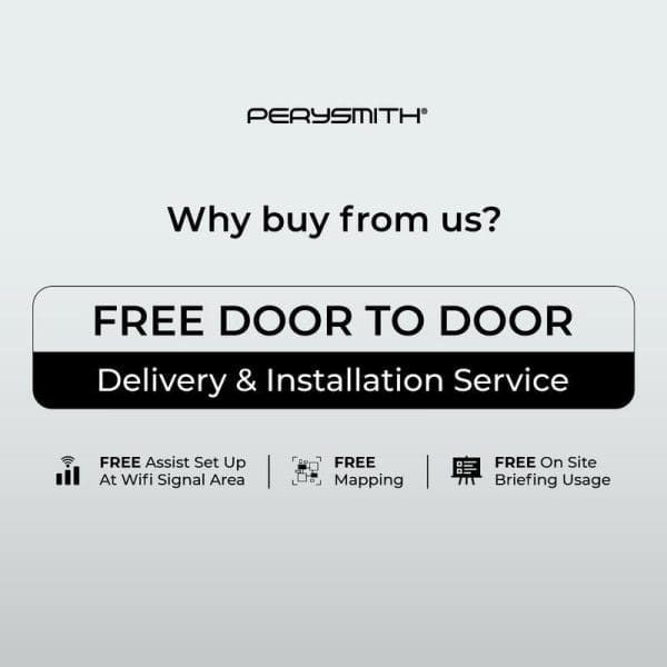 PerySmith promotional banner highlighting free door-to-door delivery and installation service, including free assist setup, mapping, and on-site briefing usage benefits.