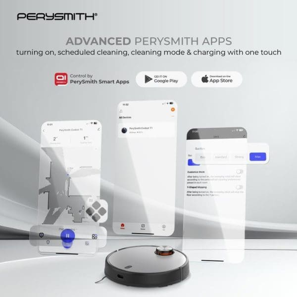 PerySmith Evobot T1 robot vacuum cleaner with smartphone app control interface showing scheduling, cleaning modes, and device management features on modern white background.