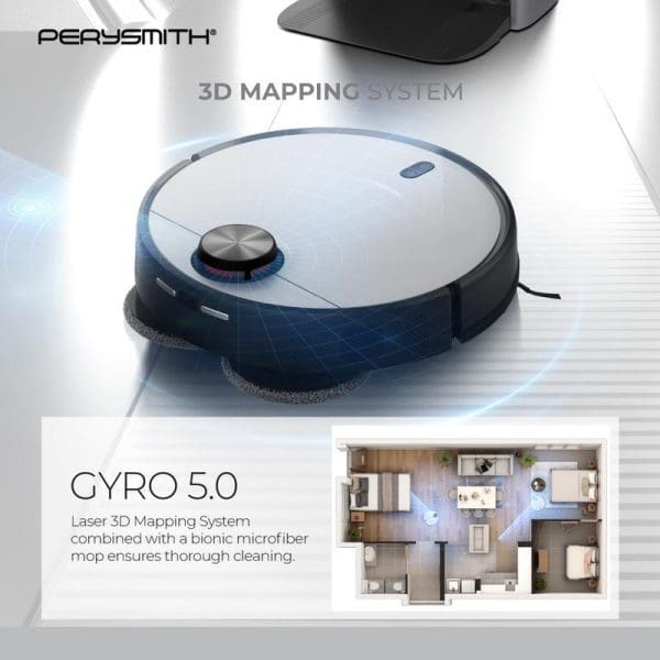 PerySmith Gyro 5.0 robot vacuum cleaner with 3D mapping system and bionic microfiber mop, showing device and floor plan mapping visualization.