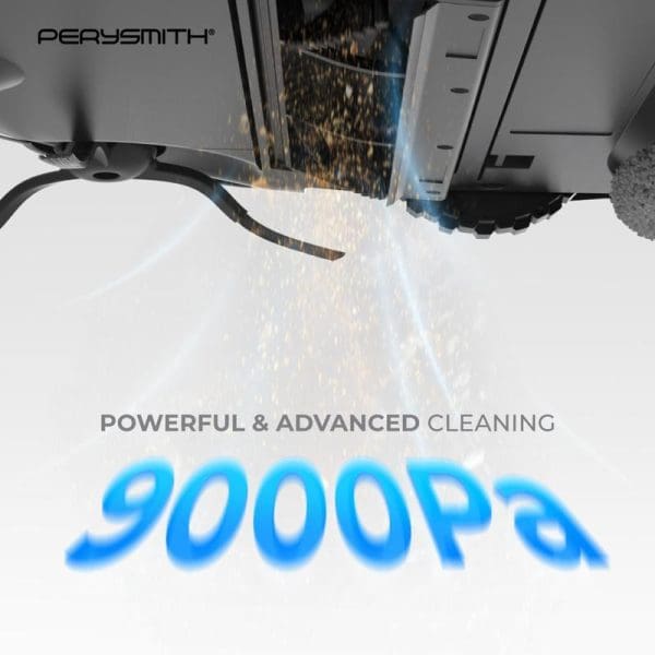 PerySmith Evobot T1 robot vacuum cleaner showing powerful 9000Pa suction with debris being collected, demonstrating advanced cleaning capabilities on white background.