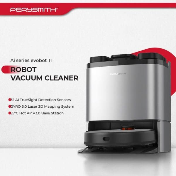 PerySmith AI Series Evobot T1 Robot Vacuum Cleaner with base station, featuring 32 AI TrueSight Detection Sensors, GYRO 5.0 Laser 3D Mapping, and 55°C Hot Air V3.0 Base Station.