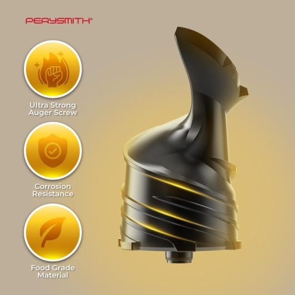 PerySmith Slow Juicer EcoHealth Series PS600 featuring ultra strong auger screw, corrosion resistance, and food grade material with three highlighted feature icons.