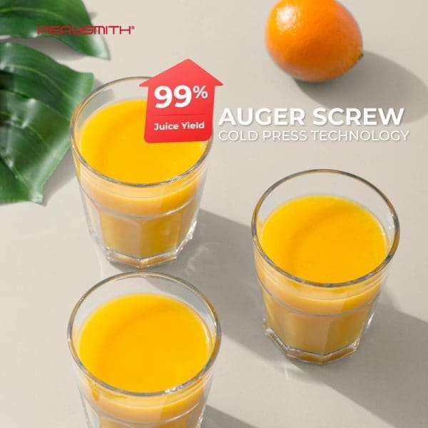 Three glasses of fresh orange juice on white surface with orange fruit and green leaves, featuring PerySmith branding and "99% Juice Yield Auger Screw Cold Press Technology" text overlay.