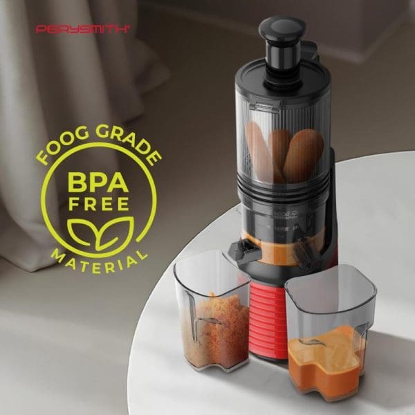 PerySmith PS600 Slow Juicer with BPA-free food grade materials, showing clear container with carrots and two glasses of fresh juice on white surface.