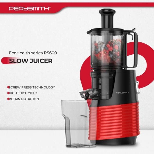 PerySmith EcoHealth PS600 Slow Juicer with screw press technology, black and red design, featuring high juice yield and nutrition retention capabilities.