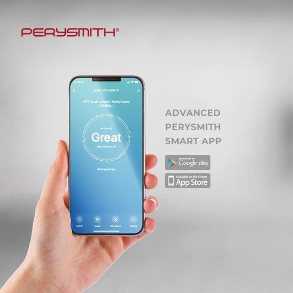 PerySmith Smart Air Purifier mobile app interface showing "Great" air quality rating on smartphone screen, with Google Play and App Store download options displayed.