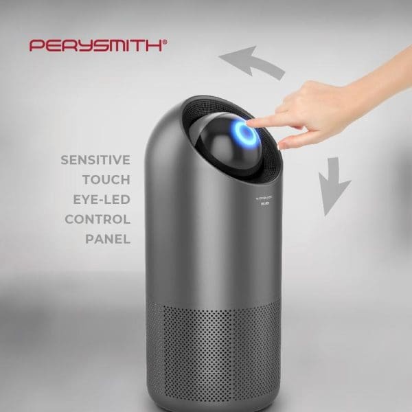 PerySmith Smart Air Purifier with hand touching sensitive LED control panel, featuring cylindrical silver design with perforated base and blue illuminated display.
