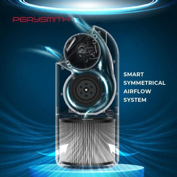 PerySmith Smart Air Purifier Ai13 with transparent casing showing smart symmetrical airflow system, dual fans, and filter on futuristic blue background.