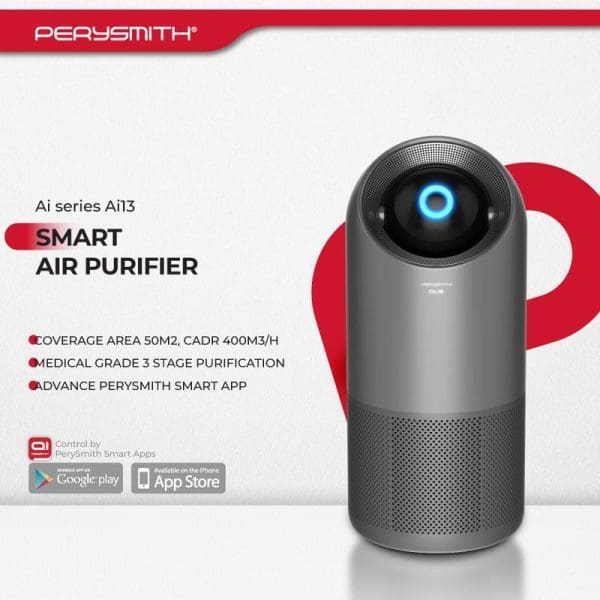 PerySmith Ai13 Smart Air Purifier with blue LED display, cylindrical gray design, 50m2 coverage, medical grade 3-stage purification, controlled via smartphone app.