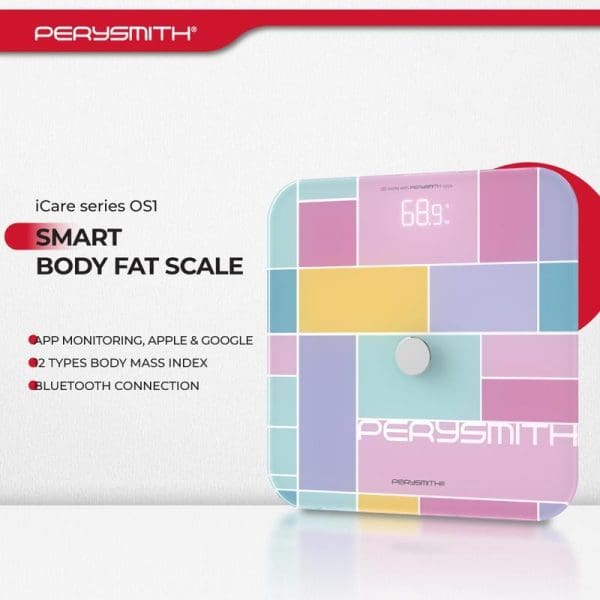 Perysmith iCare series OS1 Smart Body Fat Scale with colorful geometric pattern design, digital display showing 60.5, featuring app monitoring and Bluetooth connectivity.