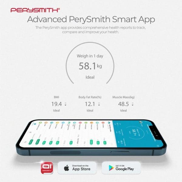 Perysmith Smart Body Fat Scale with smartphone app displaying health metrics including weight, BMI, body fat percentage, and muscle mass measurements on mobile interface.