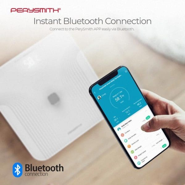 Perysmith Smart Body Fat Scale with smartphone showing health app displaying body metrics via Bluetooth connection, white scale on wooden surface.