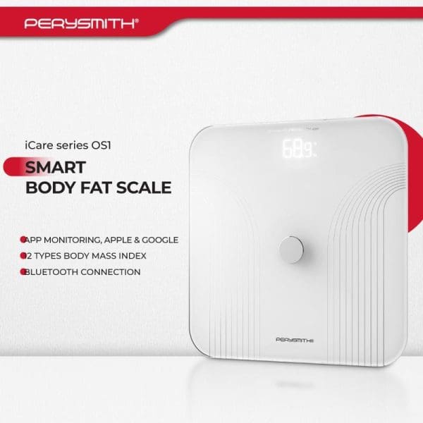 Perysmith iCare Series OS1 Smart Body Fat Scale in white with app monitoring, Bluetooth connection, and body mass index features displayed on packaging.