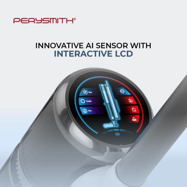 PerySmith AI9 Lite smart cordless wet dry vacuum cleaner with innovative AI sensor and interactive LCD display showing cleaning modes and status indicators.