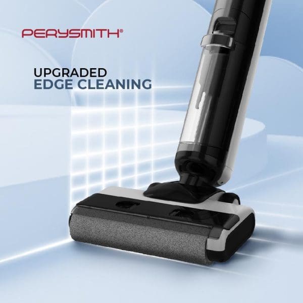 PerySmith Ai9 Lite Smart Cordless Wet & Dry Vacuum Cleaner with upgraded edge cleaning feature, black and silver design on blue background.