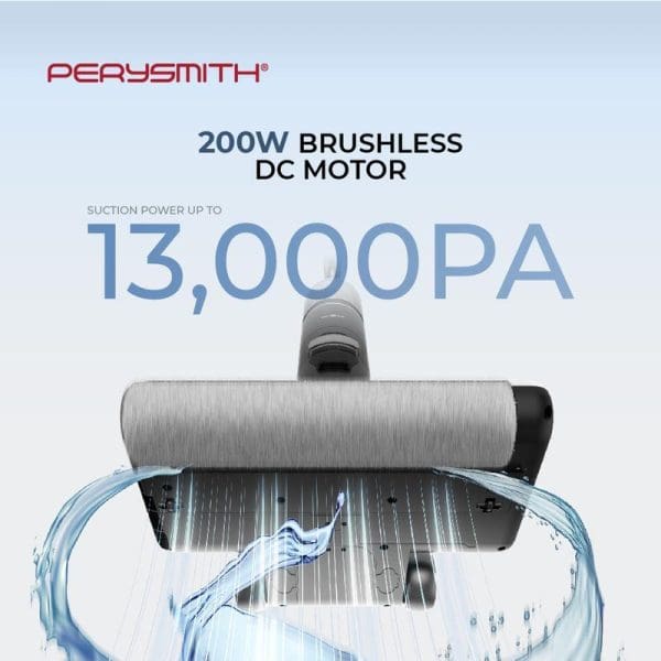 PerySmith 200W brushless DC motor cordless wet and dry vacuum cleaner with 13,000 PA suction power, showing cylindrical roller brush and water splash effect.