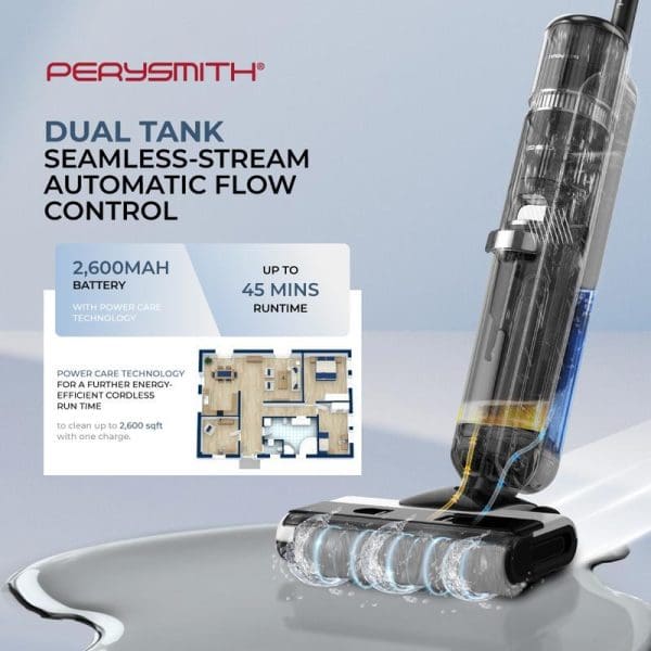 PerySmith cordless wet dry vacuum cleaner with dual tank, seamless-stream automatic flow control, 2600mAh battery, 45 minutes runtime, cleaning hard floors with water.
