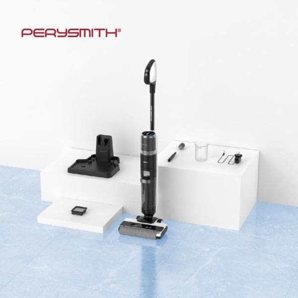 PerySmith Smart Cordless Wet & Dry Vacuum Cleaner AI9 Lite with charging dock and accessories displayed on white surfaces against blue background.