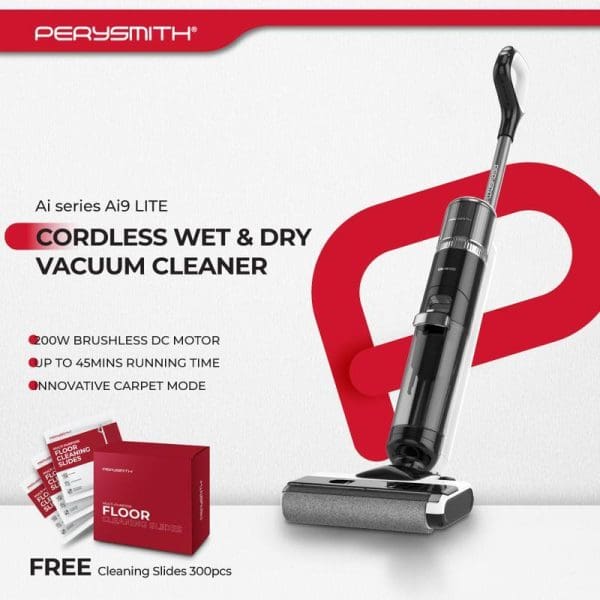 PerySmith Ai9 LITE cordless wet and dry vacuum cleaner with 200W brushless motor, 45-minute runtime, innovative carpet mode, and free cleaning slides.