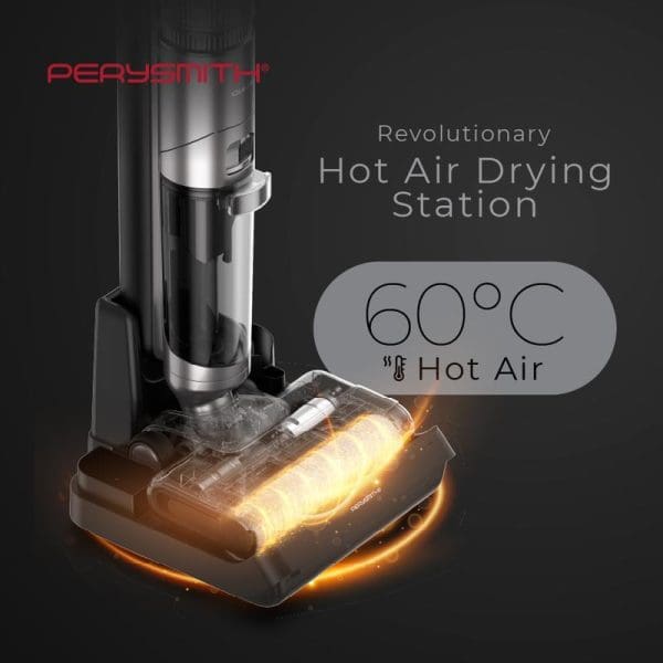 PerySmith Smart Cordless Wet & Dry Vacuum Cleaner with Revolutionary Hot Air Drying Station featuring 60°C hot air technology and glowing orange base.