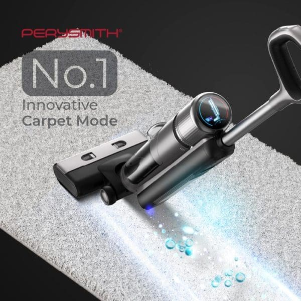 PerySmith Ai9 Pro cordless wet and dry vacuum cleaner with innovative carpet mode, showing blue water droplets being cleaned from carpet surface.
