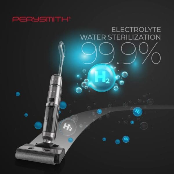 PerySmith Ai9 Pro cordless wet dry vacuum cleaner with electrolyte water sterilization technology showing 99.99% effectiveness and H2 molecular cleaning on dark background.